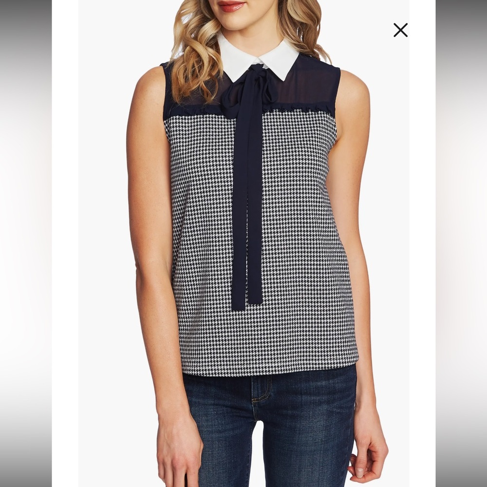 Cece Houndstooth Bow Neck Collared Blouse